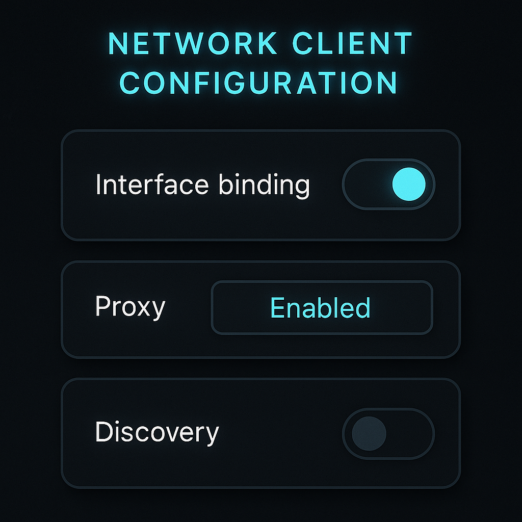 Diagram of client configuration panels for binding, proxy, and discovery scope