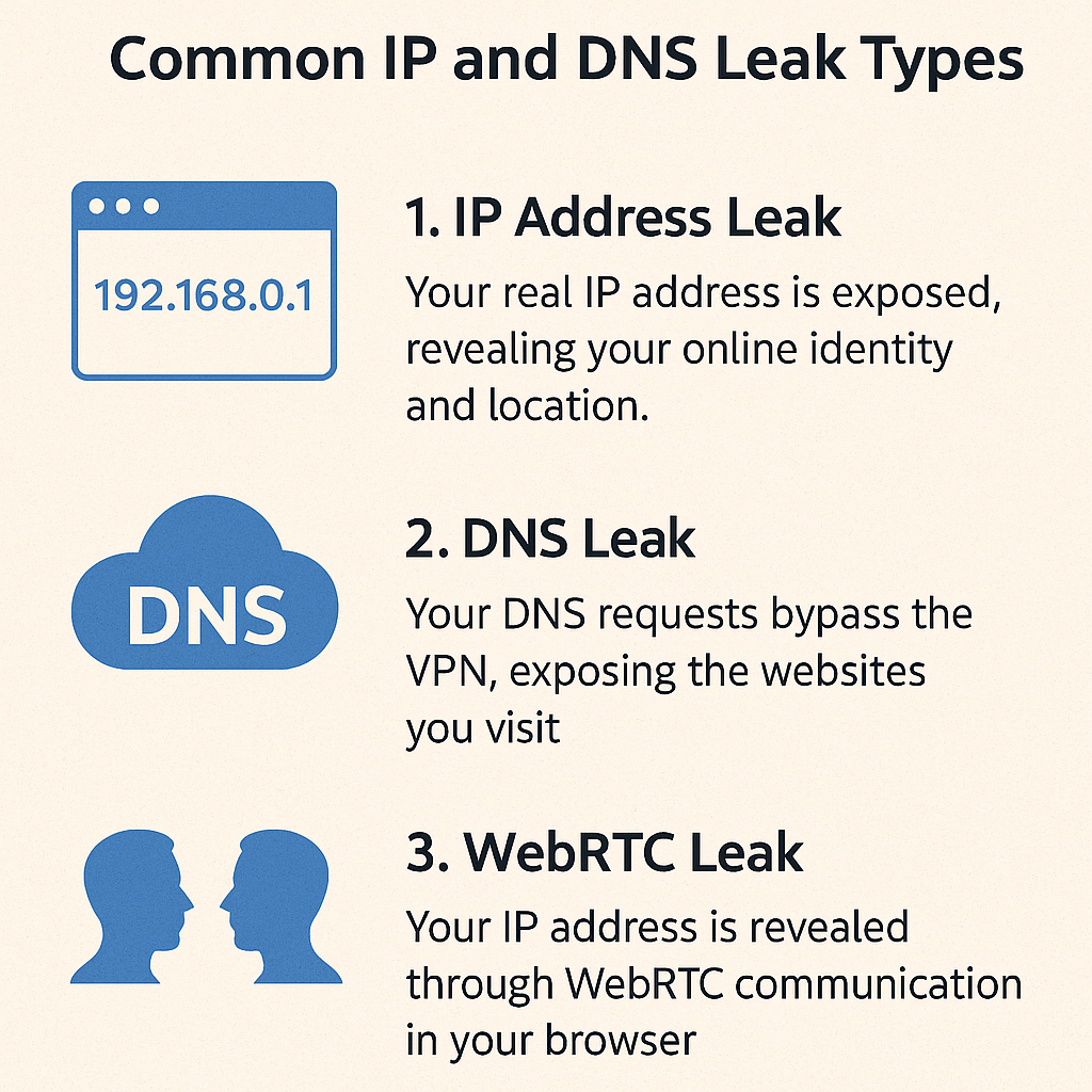 Diagram of IPv4, IPv6, DNS, and WebRTC leak vectors from a client