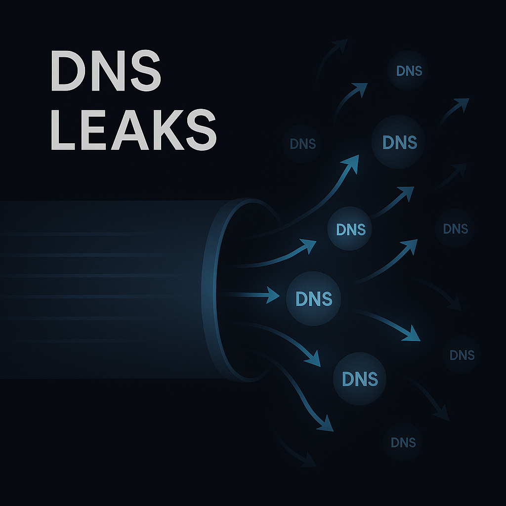 Dark abstract visualization of DNS query paths diverging from a protected tunnel