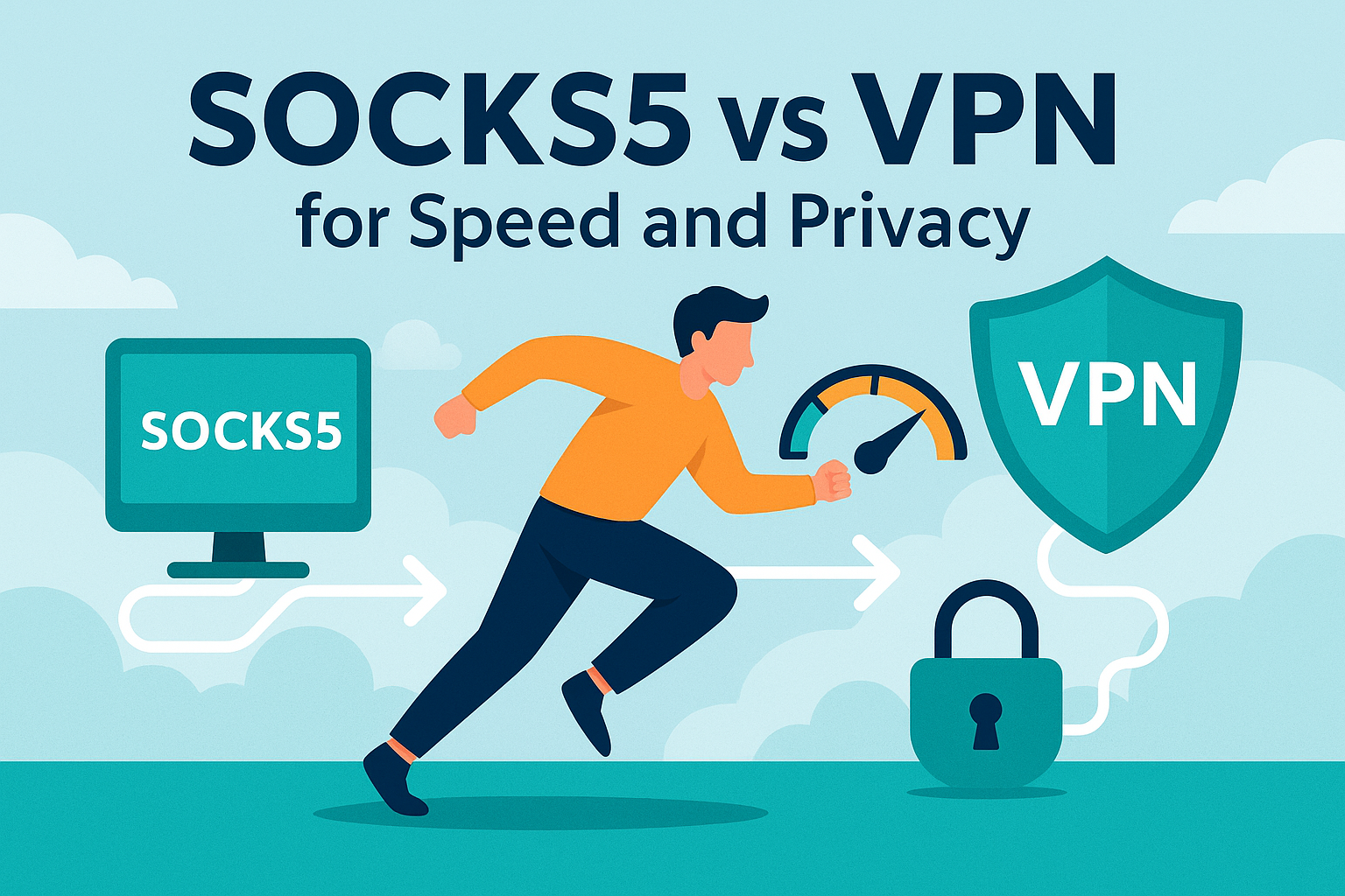 Dark abstract comparison of SOCKS5 proxy and VPN tunnel with glowing paths