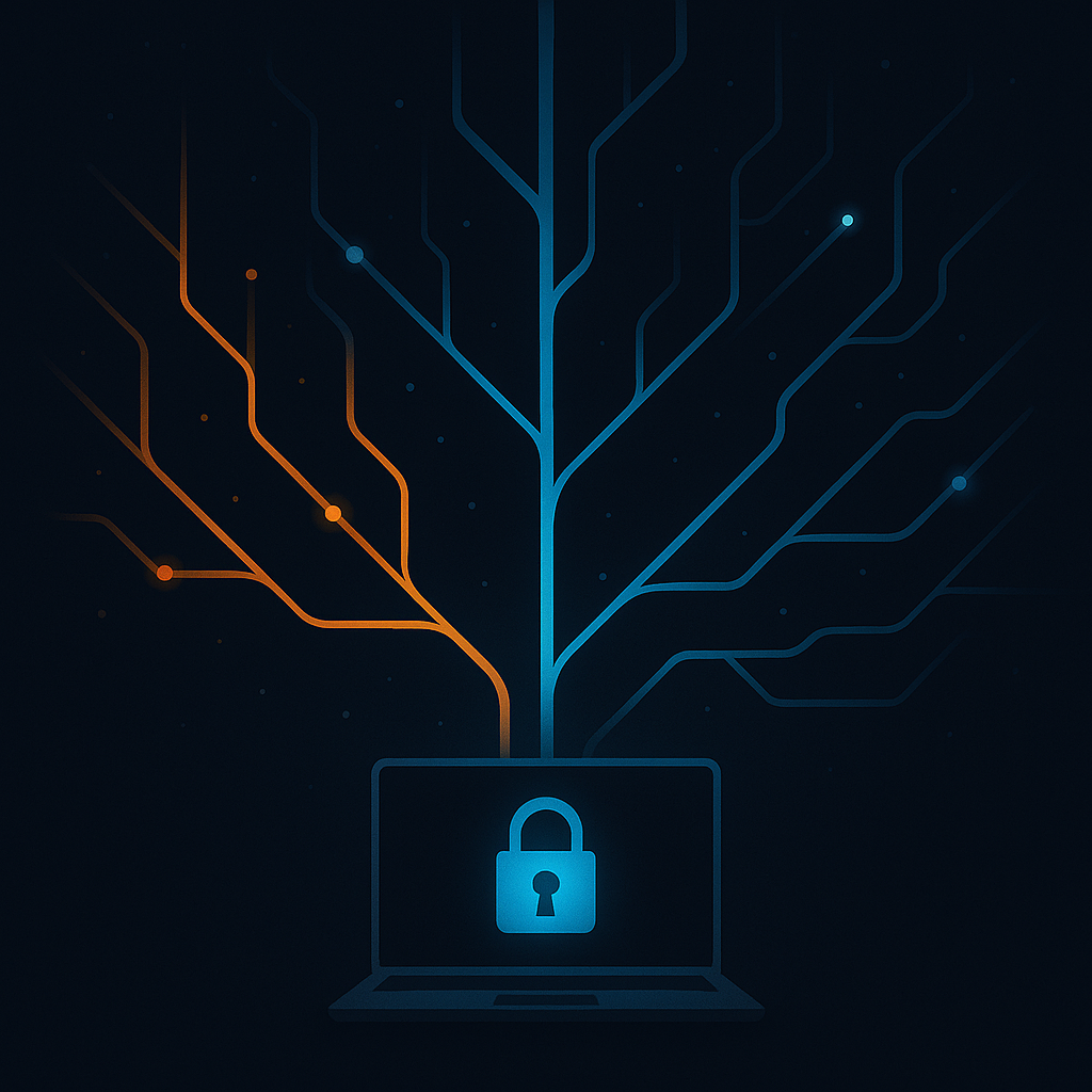 Dark abstract of network traffic splitting into two paths — tunnel and direct