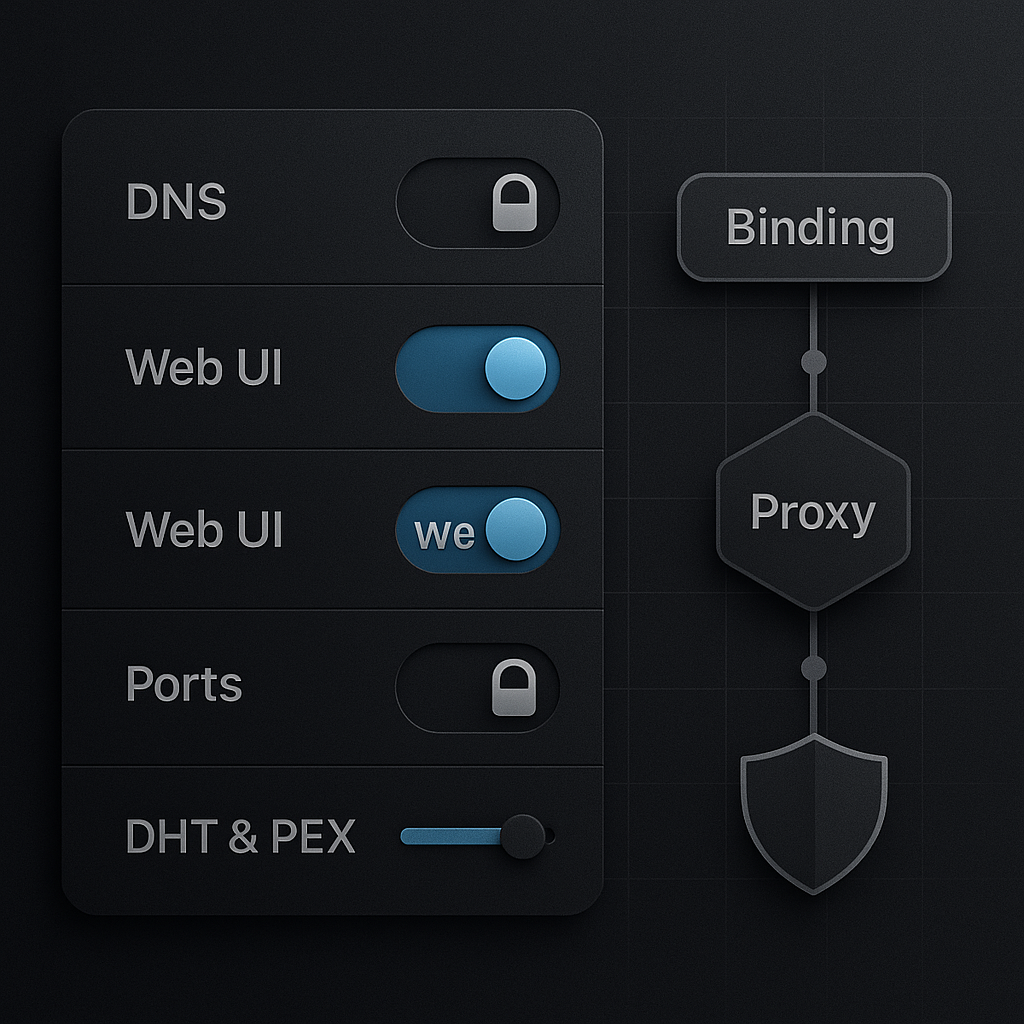 Dark abstract of torrent client settings panels with privacy indicators