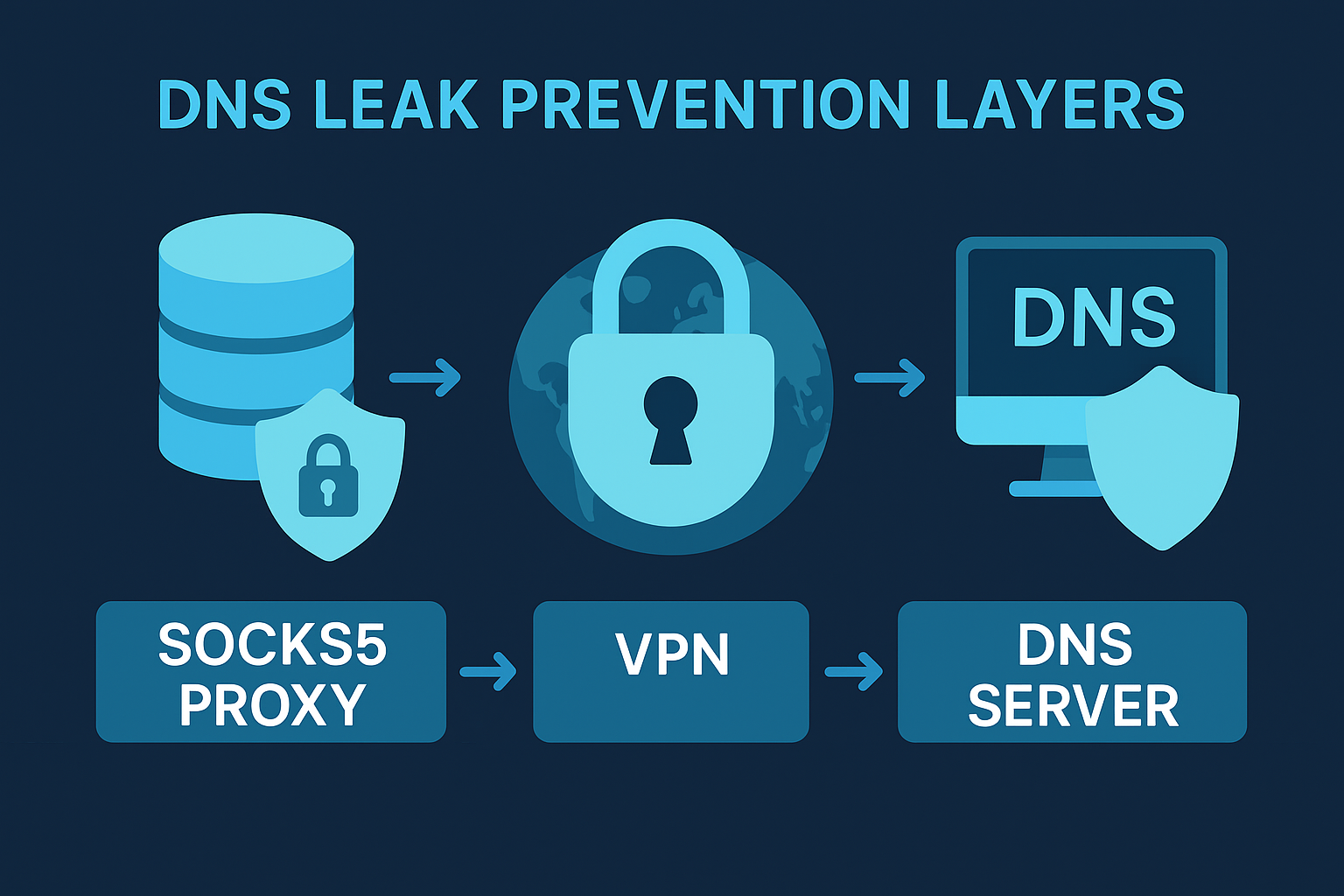 Infographic of privacy layers: SOCKS5 core, DNS alignment, and firewall guardrails