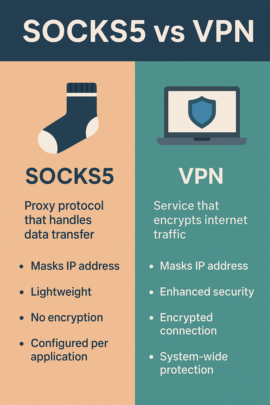 Infographic comparing SOCKS5, VPN, and HTTPS proxy