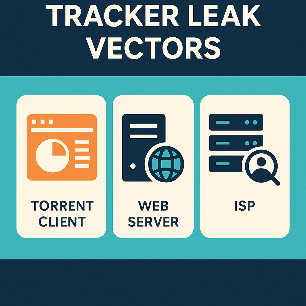 Infographic of tracker leak vectors: restart window, UI exposure, DNS, discovery scope