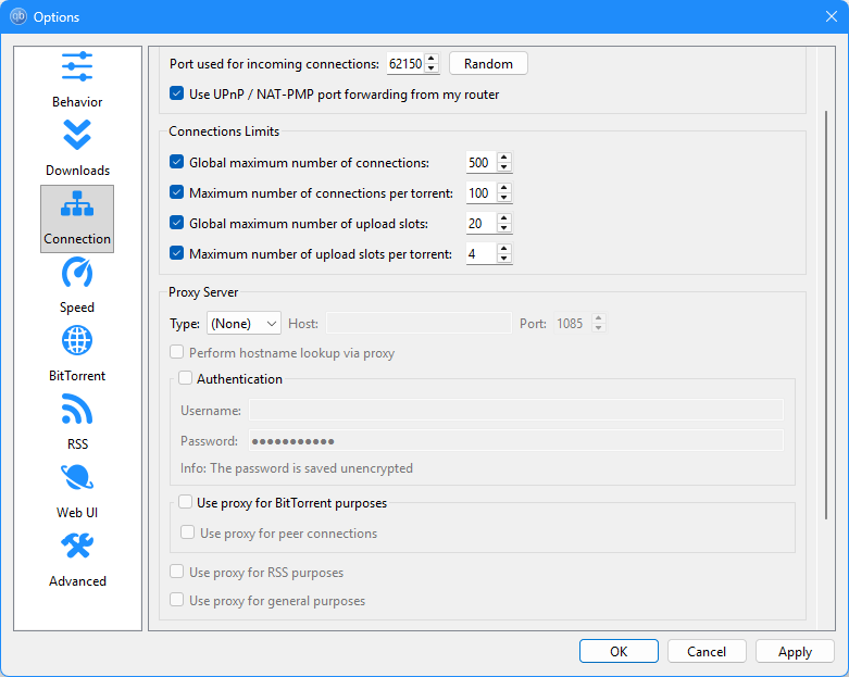 qBittorrent Options → Connection tab showing empty Proxy Server section