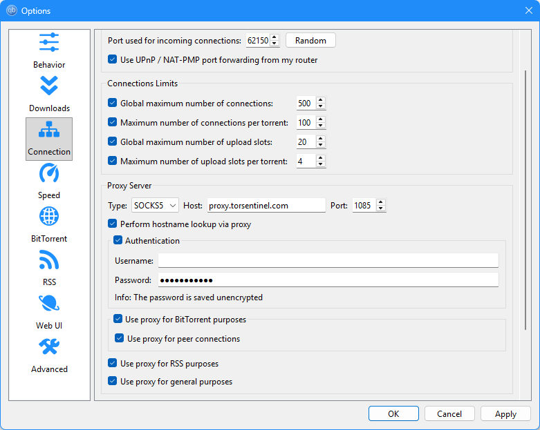 qBittorrent Connection tab with SOCKS5 proxy fully configured showing proxy.torsentinel.com