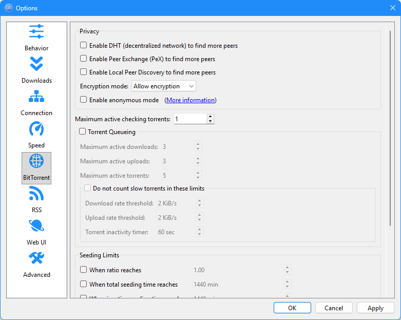 qBittorrent BitTorrent tab showing DHT, PeX, and Local Peer Discovery all unchecked