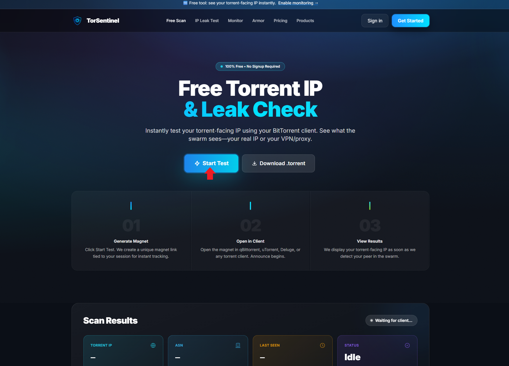 TorSentinel free torrent IP check page with Start Test button highlighted