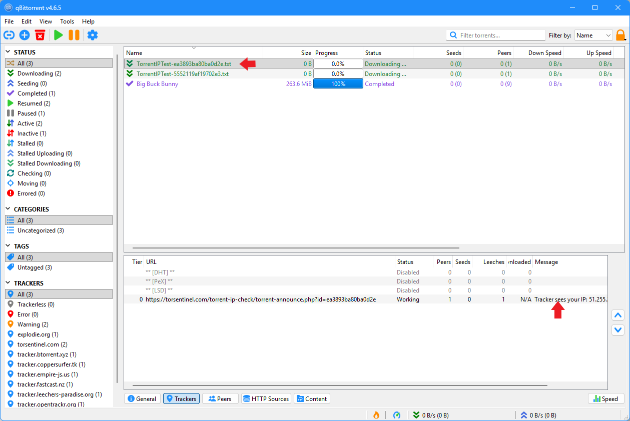 qBittorrent Trackers tab showing torsentinel.com tracker as Working with IP address in message column