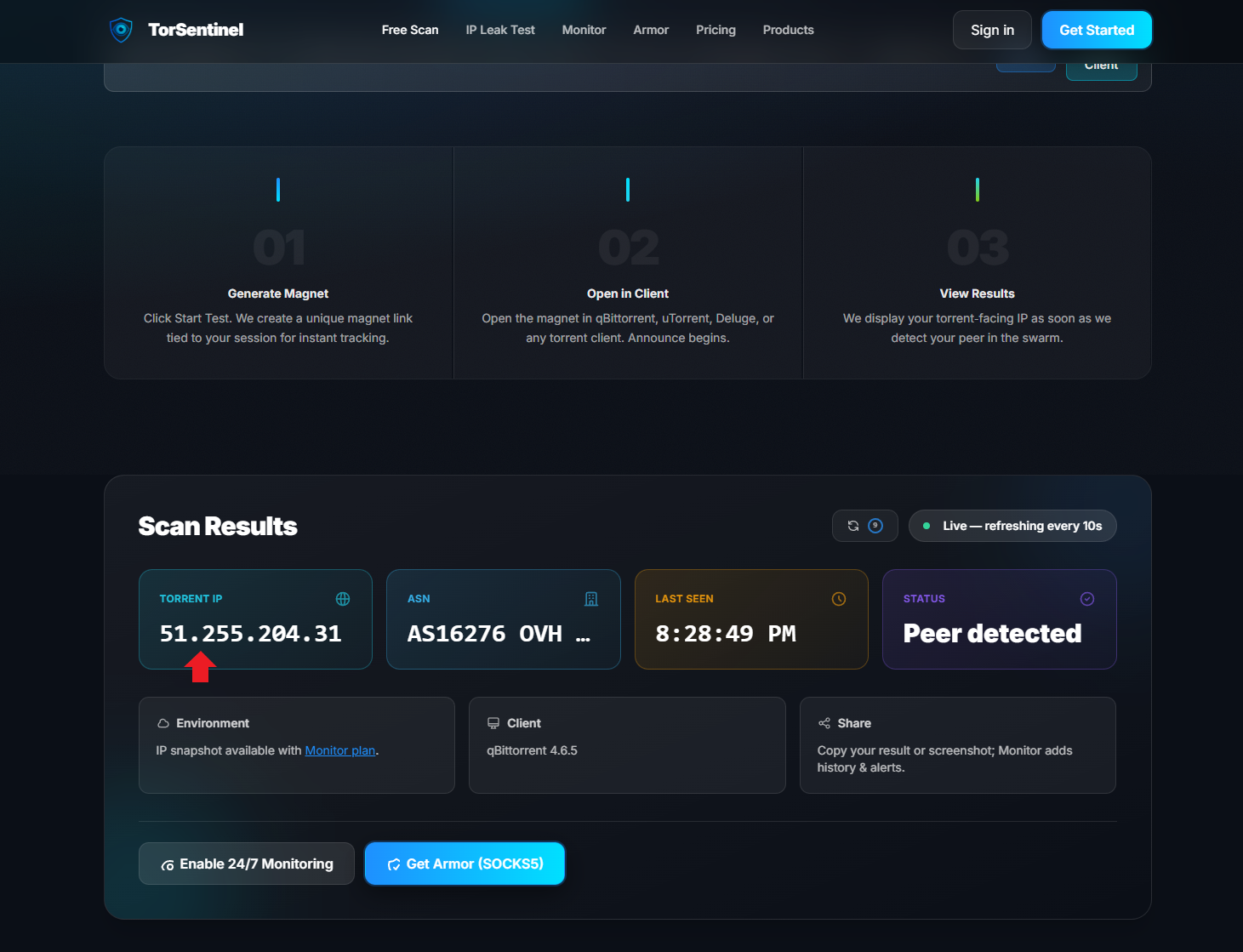 TorSentinel scan results showing Peer detected status with proxy IP address