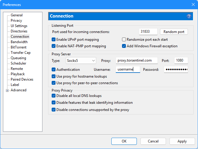 uTorrent Connection preferences showing SOCKS5 configured with proxy.torsentinel.com port 1080 and all privacy checkboxes enabled