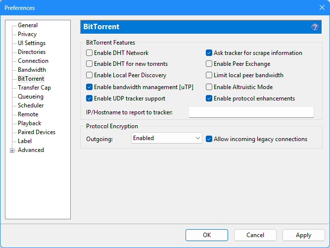 uTorrent BitTorrent preferences showing DHT Network, DHT for new torrents, Local Peer Discovery, and Peer Exchange all unchecked