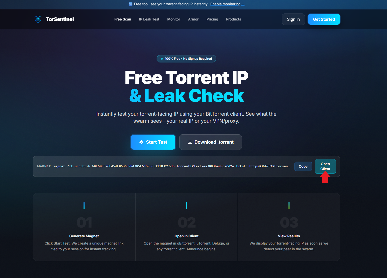 TorSentinel scan page showing the magnet link with Open Client button highlighted by red arrow