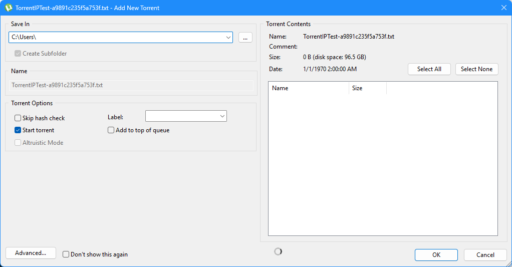 uTorrent Add New Torrent dialog showing TorrentIPTest file with Start torrent checked