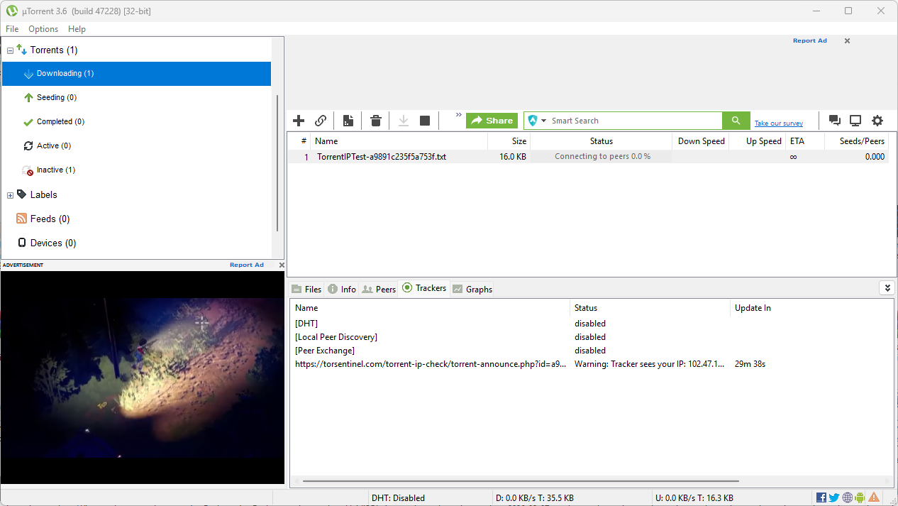 uTorrent Trackers tab showing TorSentinel announce URL with warning message showing the IP the tracker sees