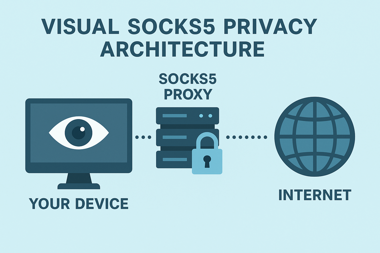 Concept visualization of a SOCKS5 path with DNS and firewall guardrails plus monitoring