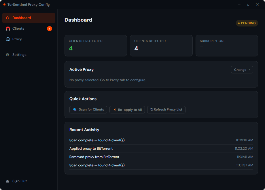 TorSentinel Proxy Auto-Config app dashboard showing detected torrent clients and SOCKS5 protection status
