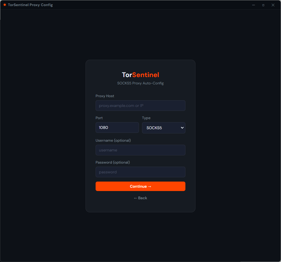 TorSentinel Proxy Auto-Config manual proxy setup screen with proxy host, port, type, username and password fields