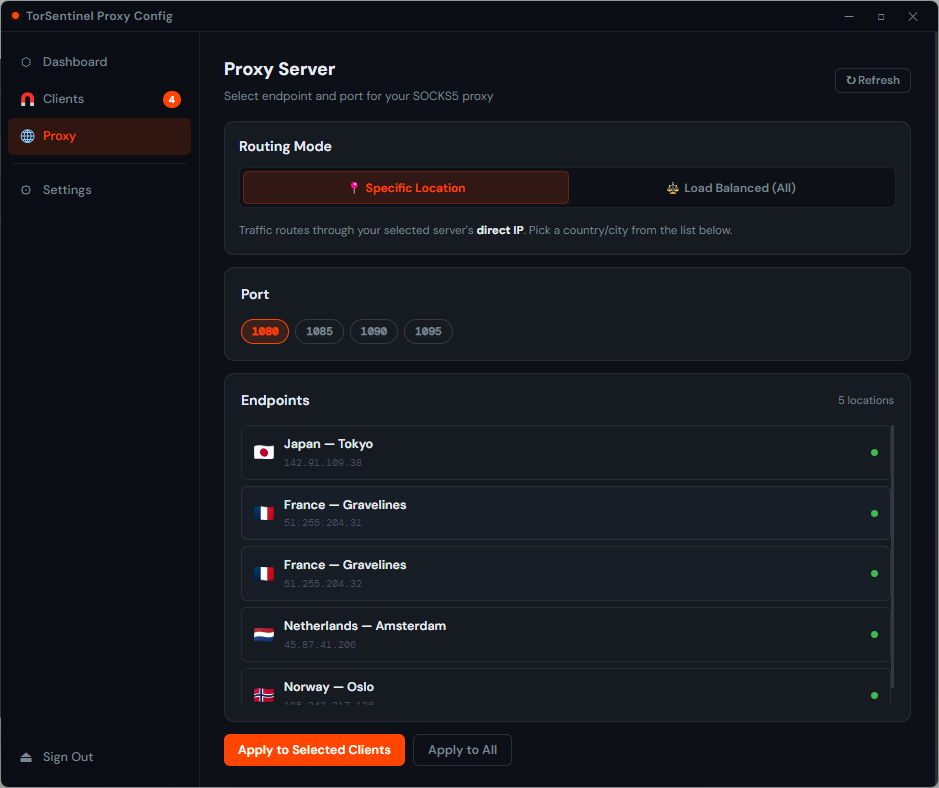 TorSentinel Proxy Auto-Config app — Proxy tab showing server, port, location and credential fields