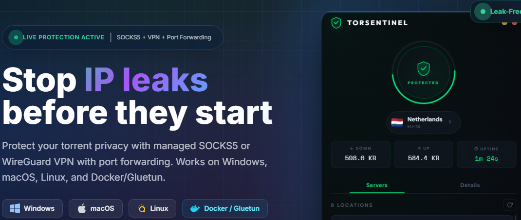 TorSentinel VPN app showing PROTECTED status with Netherlands server and live traffic counters