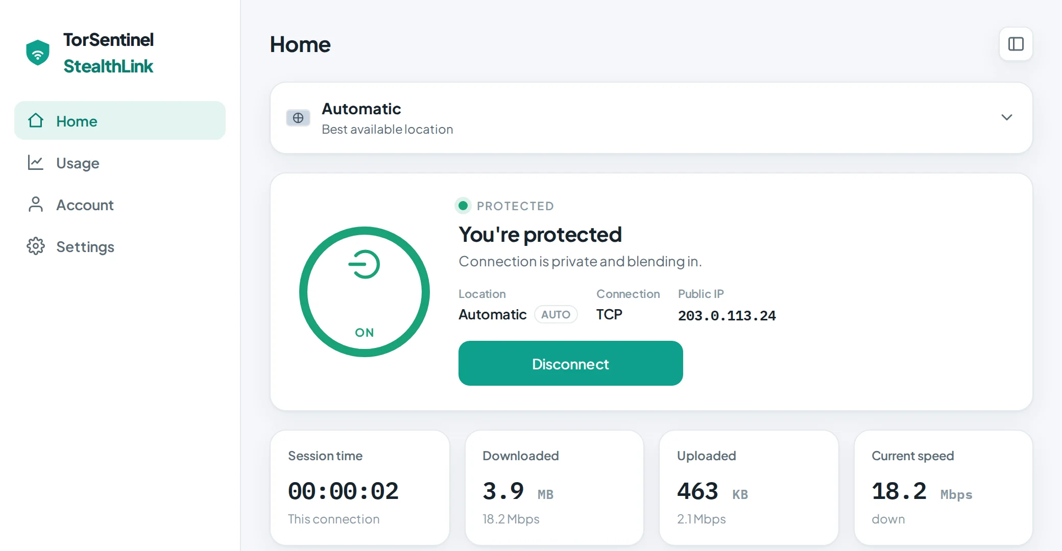 The StealthLink app for Windows, connected with full access