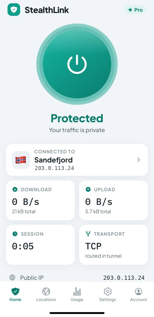 StealthLink on iPhone: protected, connected to Sandefjord