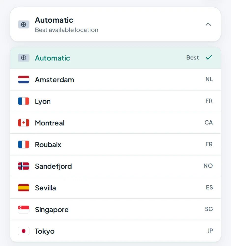 Location list in StealthLink: Automatic, Amsterdam, Lyon, Montreal, Roubaix, Sandefjord, Sevilla, Singapore and Tokyo