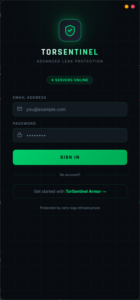 TorSentinel VPN app sign-in screen showing email and password fields with SERVERS ONLINE status badge