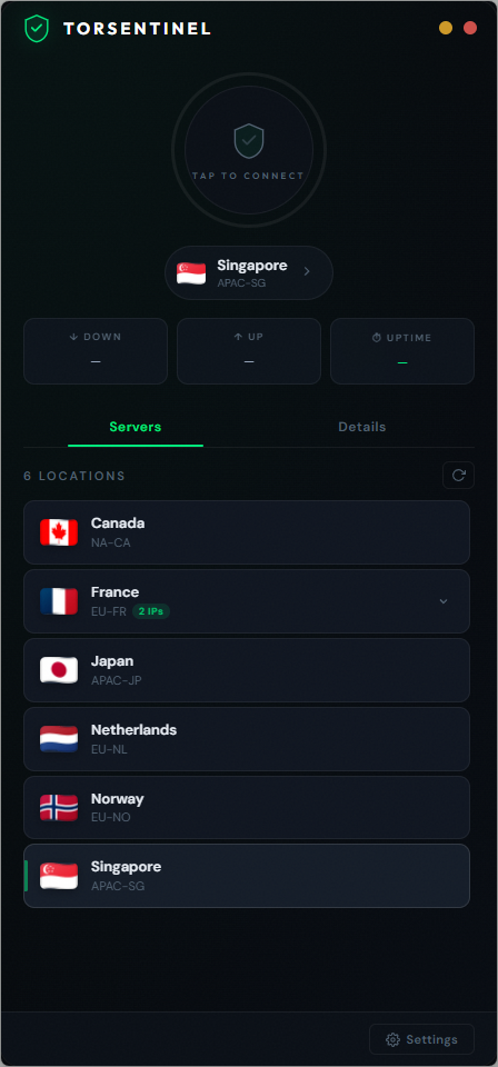 TorSentinel VPN app Servers tab showing 6 locations: Canada, France (2 IPs), Japan, Netherlands, Norway, Singapore with Singapore selected