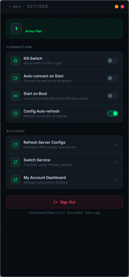 TorSentinel VPN app Settings screen showing Kill Switch, Auto-connect on Start, Start on Boot, and Config Auto-refresh toggles