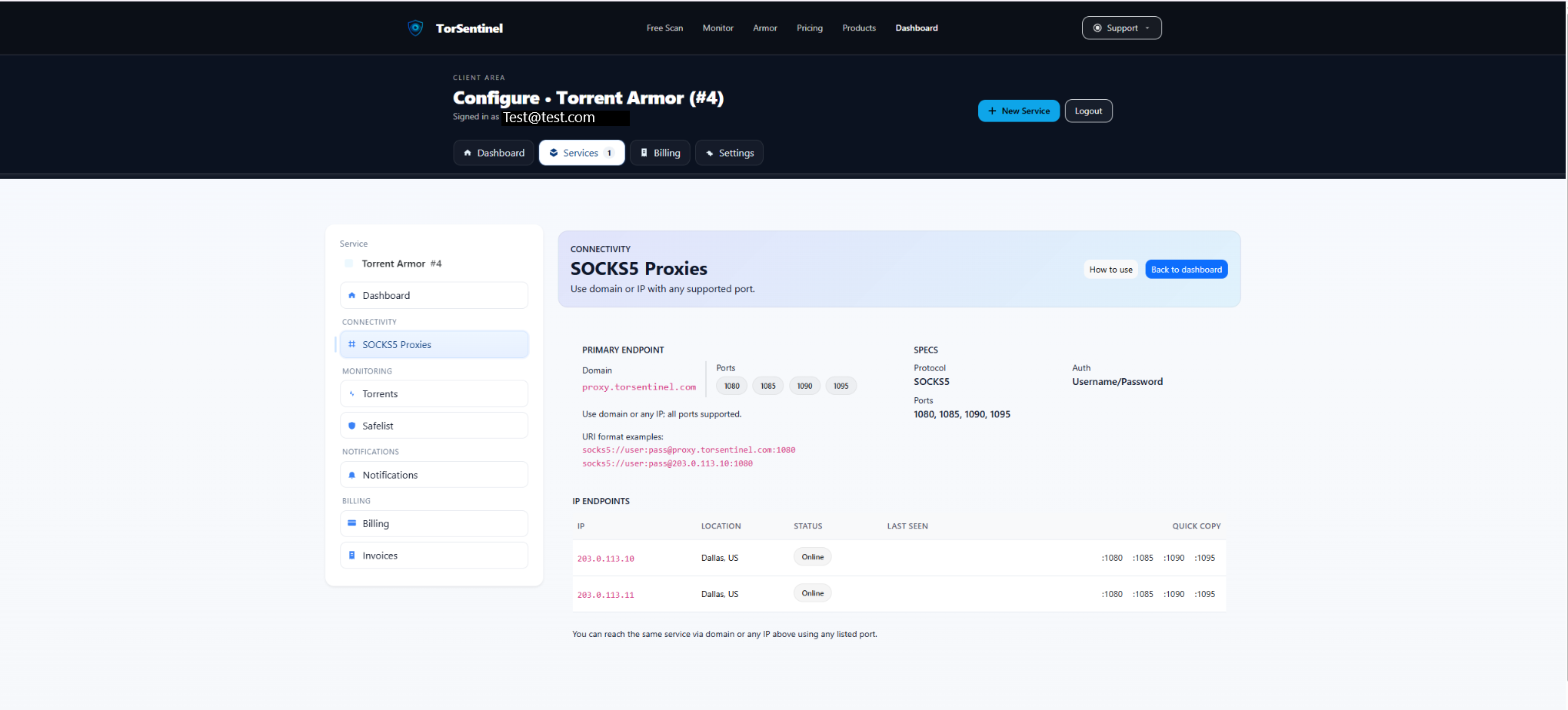 SOCKS5 Proxies screen showing proxy domain and ports