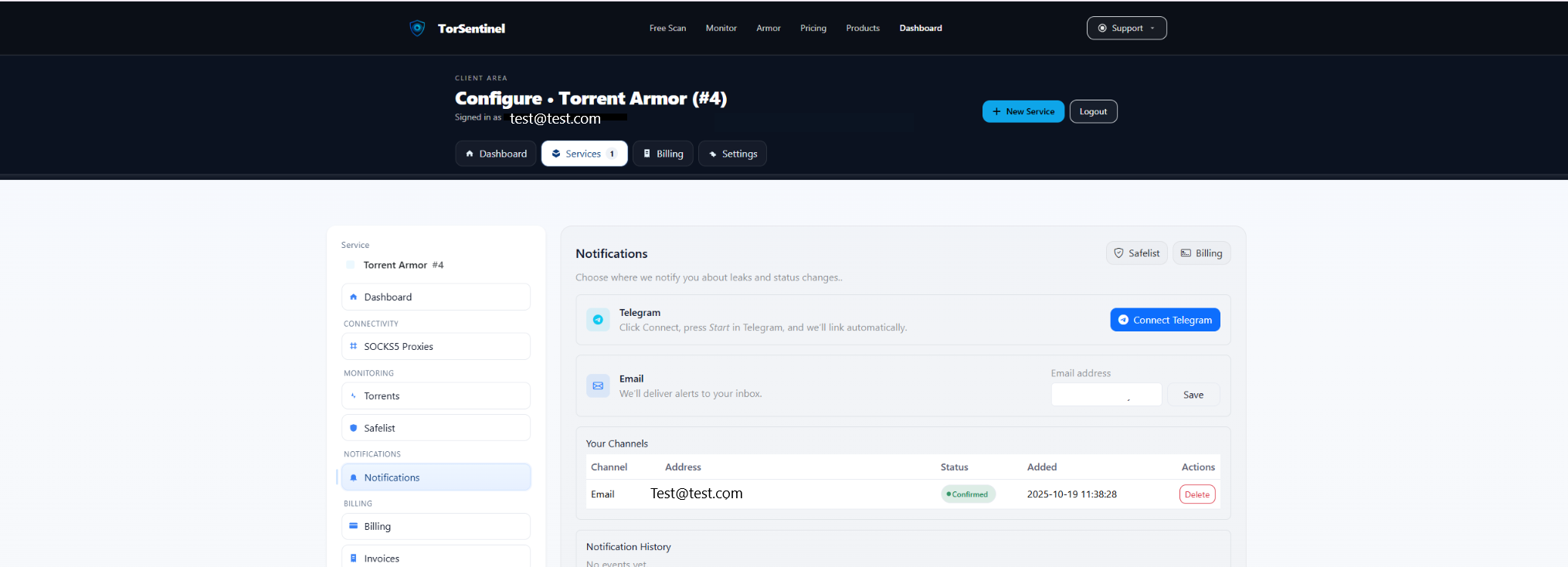 Notifications screen with email channel confirmed