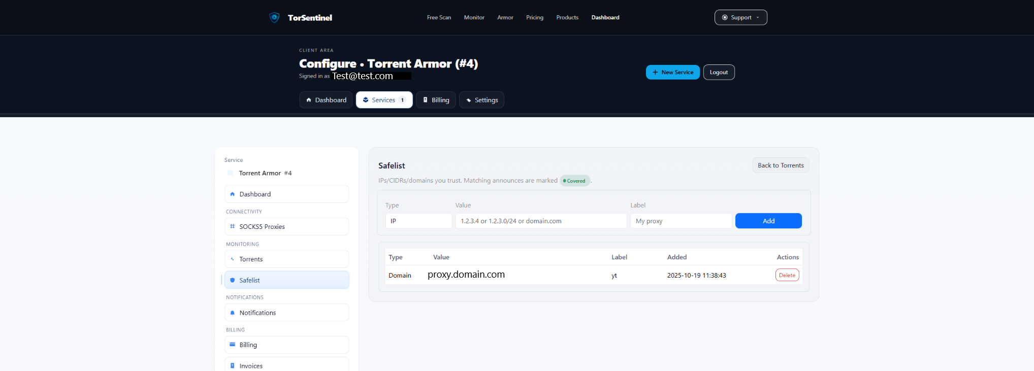 Safelist screen adding a home/VPN IP or proxy domain