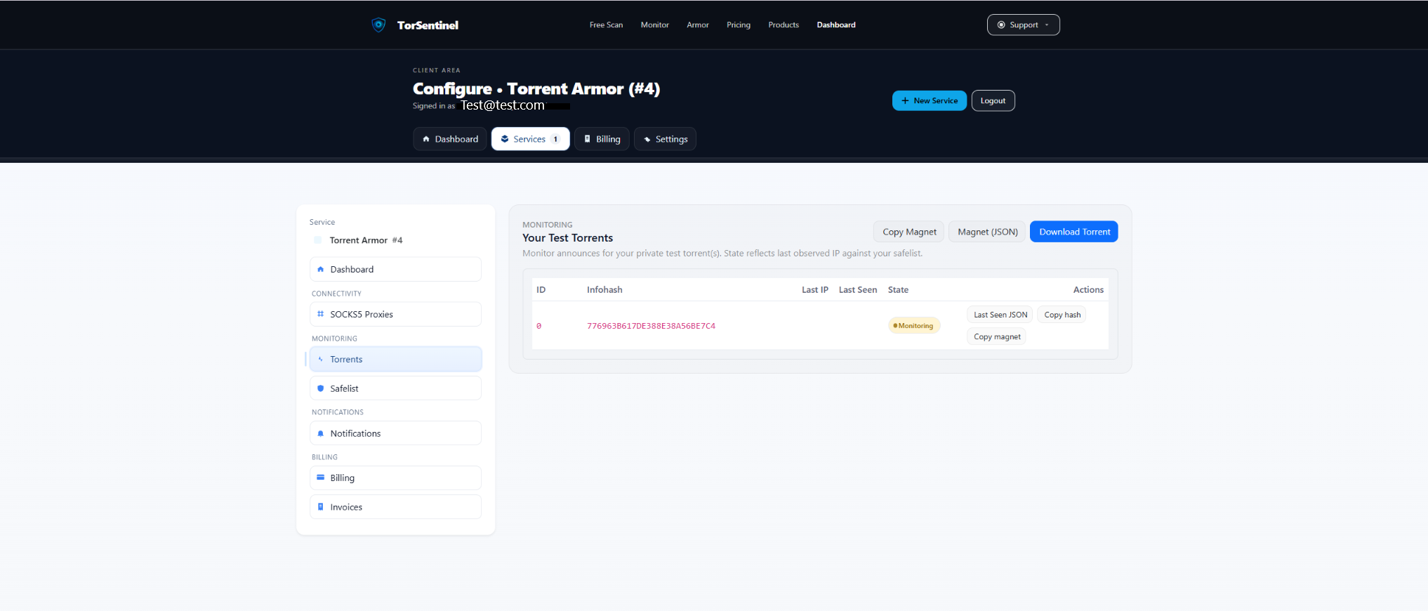 Torrents page showing Test Torrent monitoring
