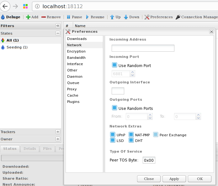 Deluge Web UI Network and Proxy overview