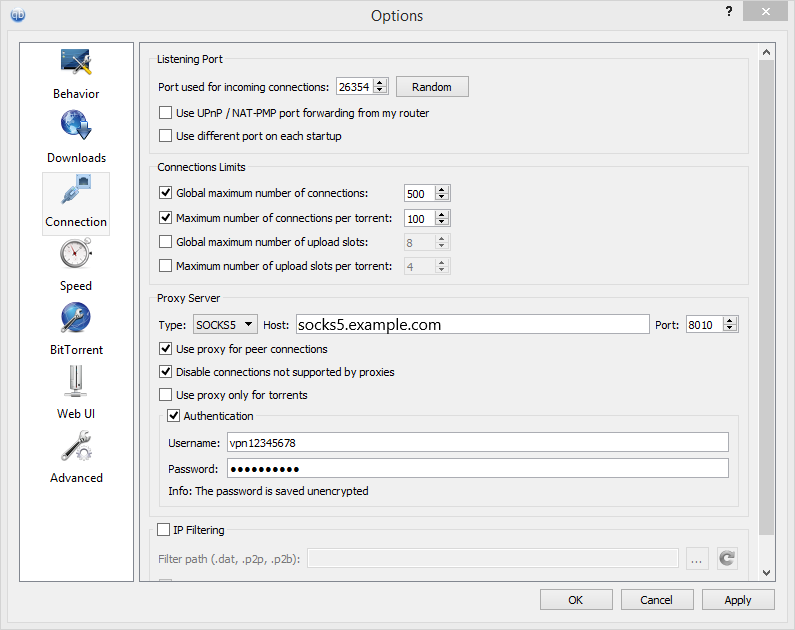 qBittorrent Proxy Server settings for third-party SOCKS5