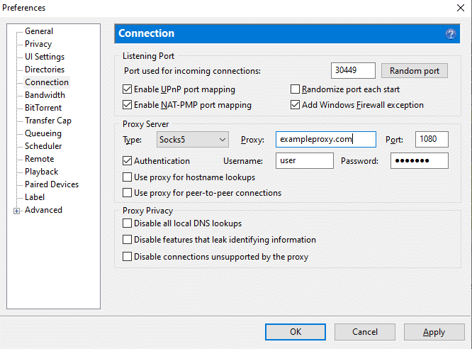 Example third-party SOCKS5 settings
