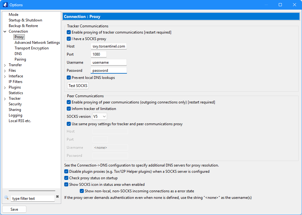 Vuze proxy settings with SOCKS and authentication